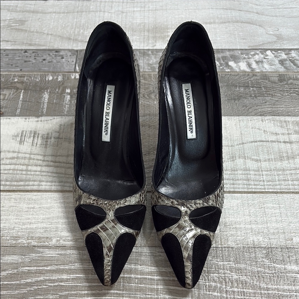 Manolo Blahnik Black suede and snakeskin heels